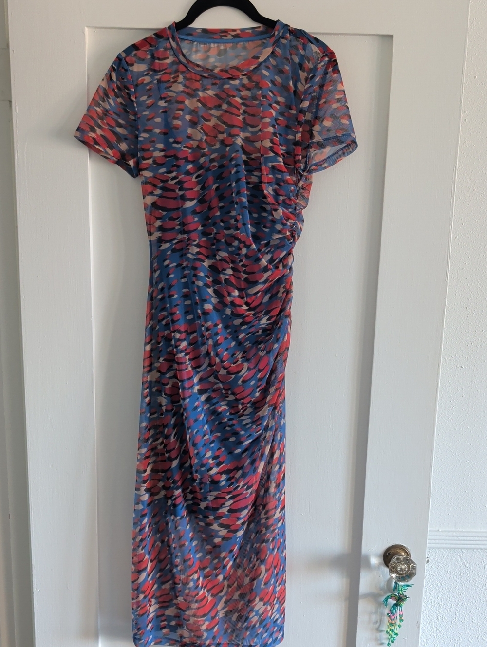 BCBGMaxAzria Blue and Red Sheer Abstract Ruched Midi Dress